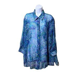 Bon Worth Blouse Womens XL Sheer Paisley Blue Button Up Collar 3/4 Sleeve Boho